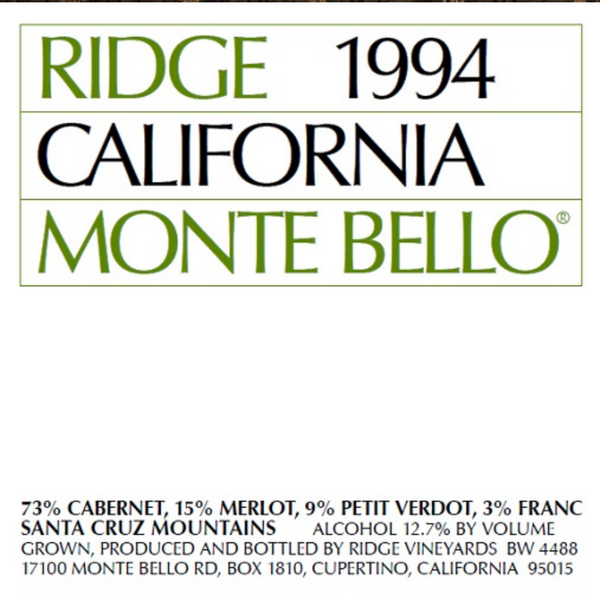 Ridge Vineyards Monte Bello Santa Cruz Mountains (Cellar Release) VINTAGES 1994-2020